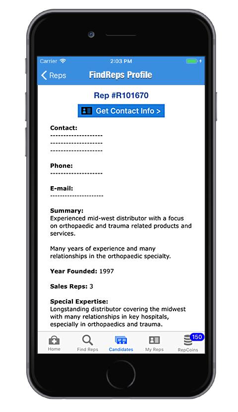 FindReps Profiles contain a wealth of information: contact info, background, capabilities, primary call points - even specific product line experience!